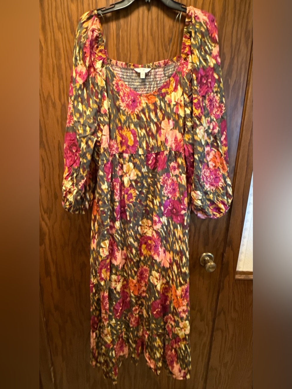 Floral Puff-Sleeve Maxi Dress in Pink & Green